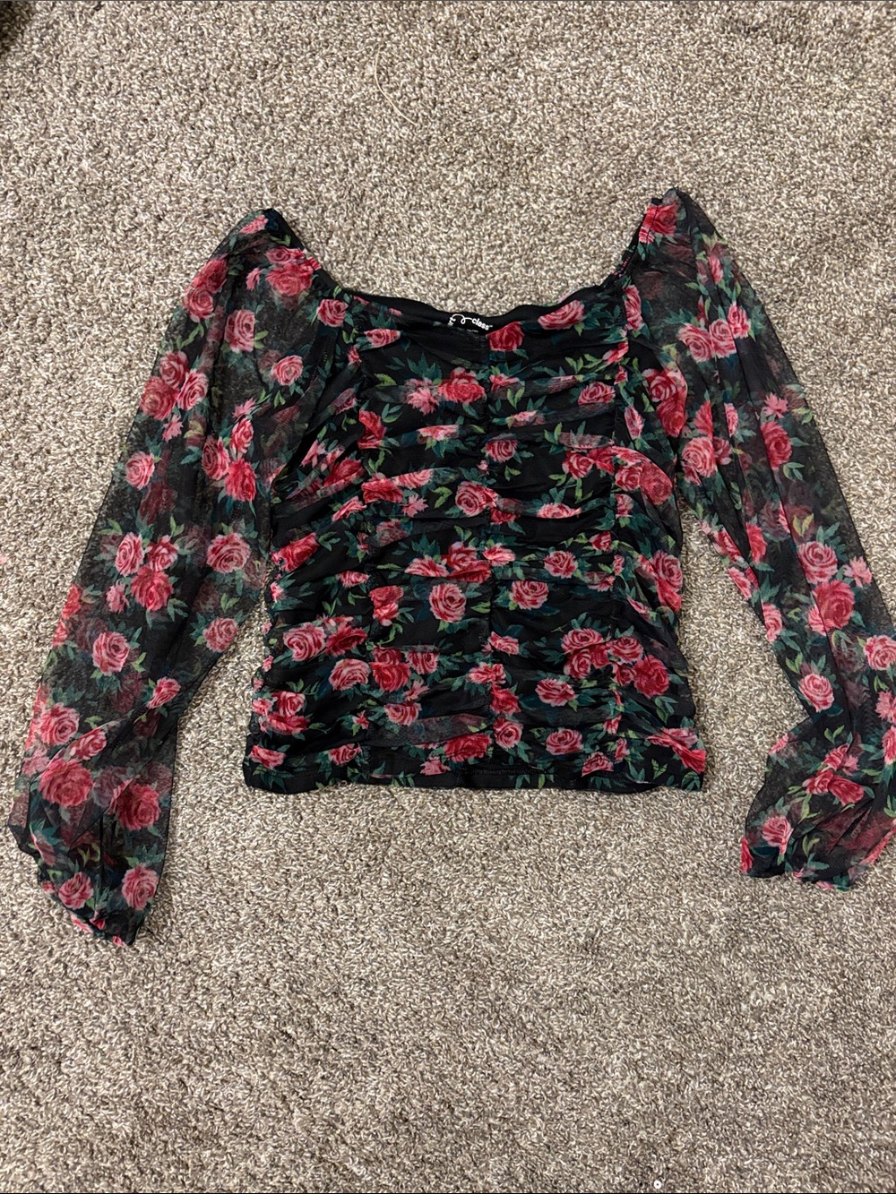 art class Black Sheer Floral Ruched Long Sleeve Top